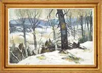 Bob Nally, Jeffersonville, Vermont, Oil on canvas winter scene shows a snow and tree covered hillside overlooking a snow covered valley with hills beyond