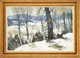 Bob Nally, Jeffersonville, Vermont, Oil on canvas winter scene shows a snow and tree covered hillside overlooking a snow covered valley with hills beyond