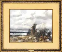 Thomas Nicholas, East Wind, Cape Ann, Watercolor scene shows small trees and bushes with rocks overlooking water under gray and white cloud sky