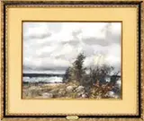 Thomas Nicholas, East Wind, Cape Ann, Watercolor scene shows small trees and bushes with rocks overlooking water under gray and white cloud sky