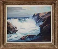 Roger William Curtis, Rockport Shore, Oil on canvas coastal scene shows a large wave gathering in a break in the rocky shoreline