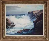 Roger William Curtis, Rockport Shore, Oil on canvas coastal scene shows a large wave gathering in a break in the rocky shoreline