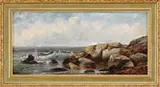 William Henry Hilliard, Gloucester, Cape Ann, Mass, Oil on canvas scene shows a sailboat off a point of land with waves onto a beach