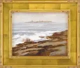 Harold Stanwood Maddocks, Twin Lights, Gloucester, Oil on canvas Cape Ann scene shows rock ledge with crashing waves with Thatcher’s Island and the Twin Lighthouses