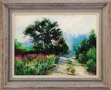 John S. Caggiano, The Aim of Working Is to Dream, Outstanding oil on masonite impressionistic landscape shows a dirt road with trees and bright wild flowers