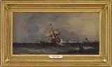 Franklin Dullin Briscoe, Busy Shipping Lanes, Oil on canvas coastal scene shows a number of sailing ships off a coast lined with windmill and buildings