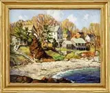 Ken Knowles, Granite Cove-Rockport, Oil on board Cape Ann scene shows a rocky beach with hillside dotted with houses under large trees