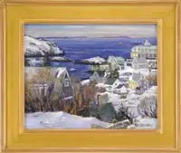 Ken Knowles, View from Horn Hill, Monhegan Island, Oil on masonite winter scene shows a panoramic view of a cove with boats surrounded by houses and buildings