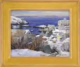 Ken Knowles, View from Horn Hill, Monhegan Island, Oil on masonite winter scene shows a panoramic view of a cove with boats surrounded by houses and buildings