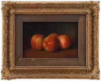 George Henry Hall, Study of Peaches, Oil on canvas still life scene shows four peaches on a brown table with green background