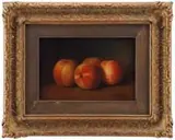 George Henry Hall, Study of Peaches, Oil on canvas still life scene shows four peaches on a brown table with green background