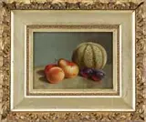 Arnoud Wydeveld, Pear, Peach, Plums and Melon, Oil on academy board tabletop still life scene shows a grouping of fruit against a light to dark green background
