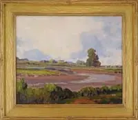 William McNair, California Landscape, Oil on canvas scene shows a riverbed with low water in an expansive landscape under blue and white cloud sky