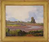 William McNair, California Landscape, Oil on canvas scene shows a riverbed with low water in an expansive landscape under blue and white cloud sky