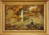 Jules Turcas, The Wood Cutter, Oil on canvas landscape scene shows a man with axe chopping at a fallen tree while a tall majestic oak stands behind him