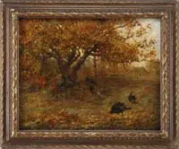Jules Turcas, Turkeys Under the Oak Tree, Oil on canvas fall scene shows a flock of turkeys under a large oak tree with golden foliage with grass and rock ground
