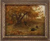 Jules Turcas, Turkeys Under the Oak Tree, Oil on canvas fall scene shows a flock of turkeys under a large oak tree with golden foliage with grass and rock ground