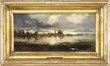 Impressionistic Landscape by John Henry Twachtman, Oil on board scene shows grass and tree lined water under a gray and white cloud sky with glimpses of yellow sunlight, sold Aug 2009
