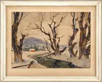 Theodore Kautzky, Winter Sketch, Watercolor winter scene shows a stream winding to red barn below a blue hill
