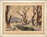 Theodore Kautzky, Winter Sketch, Watercolor winter scene shows a stream winding to red barn below a blue hill