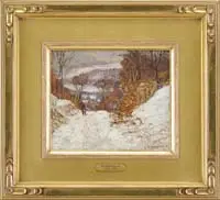 Edward Willis Redfield, Winter in Pennsylvania, Oil on board scene shows a man in blue walking down a snow covered dirt road overlooking a hillside with river and trees