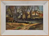 Giovanni Martino, Blanchard Road, Oil on board landscape scene shows a road winding behind a series of buildings including houses and barns