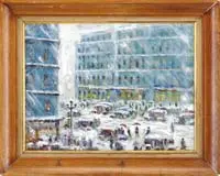 Harriet Bowdoin, New York City Street Scene, Oil on canvas winter scene shows halted traffic on a wide boulevard surrounded by tall buildings in a snow storm