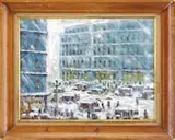 Harriet Bowdoin, New York City Street Scene, Oil on canvas winter scene shows halted traffic on a wide boulevard surrounded by tall buildings in a snow storm