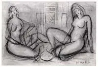 Henri Matisse, Two Seated Nudes, Charcoal drawing on ivory toned drawing paper showing two seated nude women in an interior setting