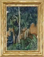 Eugene Savage, Tropical Trees, Oil on canvas Hawaiian scene shows several tropical trees with lush ground vegetation
