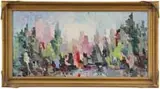Arthur Beecher Carles Jr., Modern Cityscape, Oil on masonite modernist view shows the skyline of a large city flanked by trees