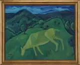 Milton Avery, Grazing, Oil on canvas landscape scene shows green hills with trees and fields. In the foreground an animal grazes on the grass