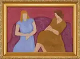 Milton Avery, The Purple Sofa, Oil on canvas scene shows two woman who are seated facing each other on a purple sofa. One wears blue, the other brown