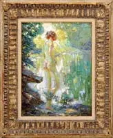 Otto Bierhals, Nude in Forest, Oil on canvas impressionistic scene shows a nude woman at the edge of a woodland pool with rocks in the foreground