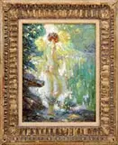 Otto Bierhals, Nude in Forest, Oil on canvas impressionistic scene shows a nude woman at the edge of a woodland pool with rocks in the foreground