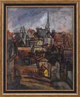 Gloucester Mass by Theresa Bernstein, Oil on canvas scene looking up at the city of Gloucester, MA from the harbor point of view, sold Aug 2009