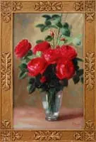 Frederick M. Fenetti, Red Roses, Oil on canvas still life scene shows a clear vase holding a group of blossoming red roses, rose buds and greenery