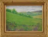 Hillside Study by Granville Redmond, Small oil on board scene shows intersecting hills with fields and trees. Some purple flowers in foreground, sold Aug 2009