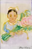 Diego Rivera, Girl with Flowers, Watercolor of a young girl holding a large bouquet of flowers