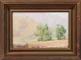 Trees and Mountains by Edgar Alwin Payne, Oil on canvas laid on board western scene shows two trees with graduated mountains behind, sold Aug 2009