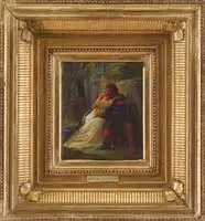 Constant Mayer, The Reconciliation, Oil on canvas scene shows a man and woman embracing seated below a rock and trees