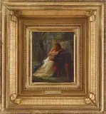 Constant Mayer, The Reconciliation, Oil on canvas scene shows a man and woman embracing seated below a rock and trees