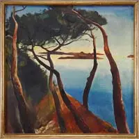 Will Jaeckel, Coast of Capri, Large oil on canvas coastline scene shows wind swept trees on the edge of water with islands beyond