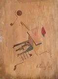 Gustav Gustavovich Klucis, Abstract, Watercolor on wood panel abstract scene with geometric patterns in green, red, black and brown