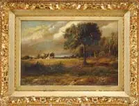 Patrick Vincent Berry, New York Landscape, Oil on canvas scene shows a farmer in a field looking towards houses, fields and woods