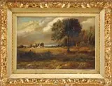 Patrick Vincent Berry, New York Landscape, Oil on canvas scene shows a farmer in a field looking towards houses, fields and woods