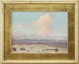 William Galen Doss, A Dessert Cloud, Oil on canvasboard shows a desert landscape with low mountains having a blue sky with large pink-highlighted white cloud