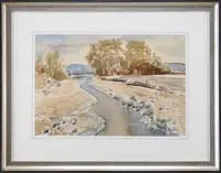 Paul Lauritz, California Landscape, Watercolor scene shows a stream flowing through a break in trees with blue mountains beyond