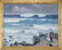 Arthur J. Hammond, Surf at Carmel, California, Oil on canvas coastal scene shows dark to light blue waves with white crests crashing onto rocks under gray sky
