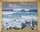 Arthur J. Hammond, Surf at Carmel, California, Oil on canvas coastal scene shows dark to light blue waves with white crests crashing onto rocks under gray sky